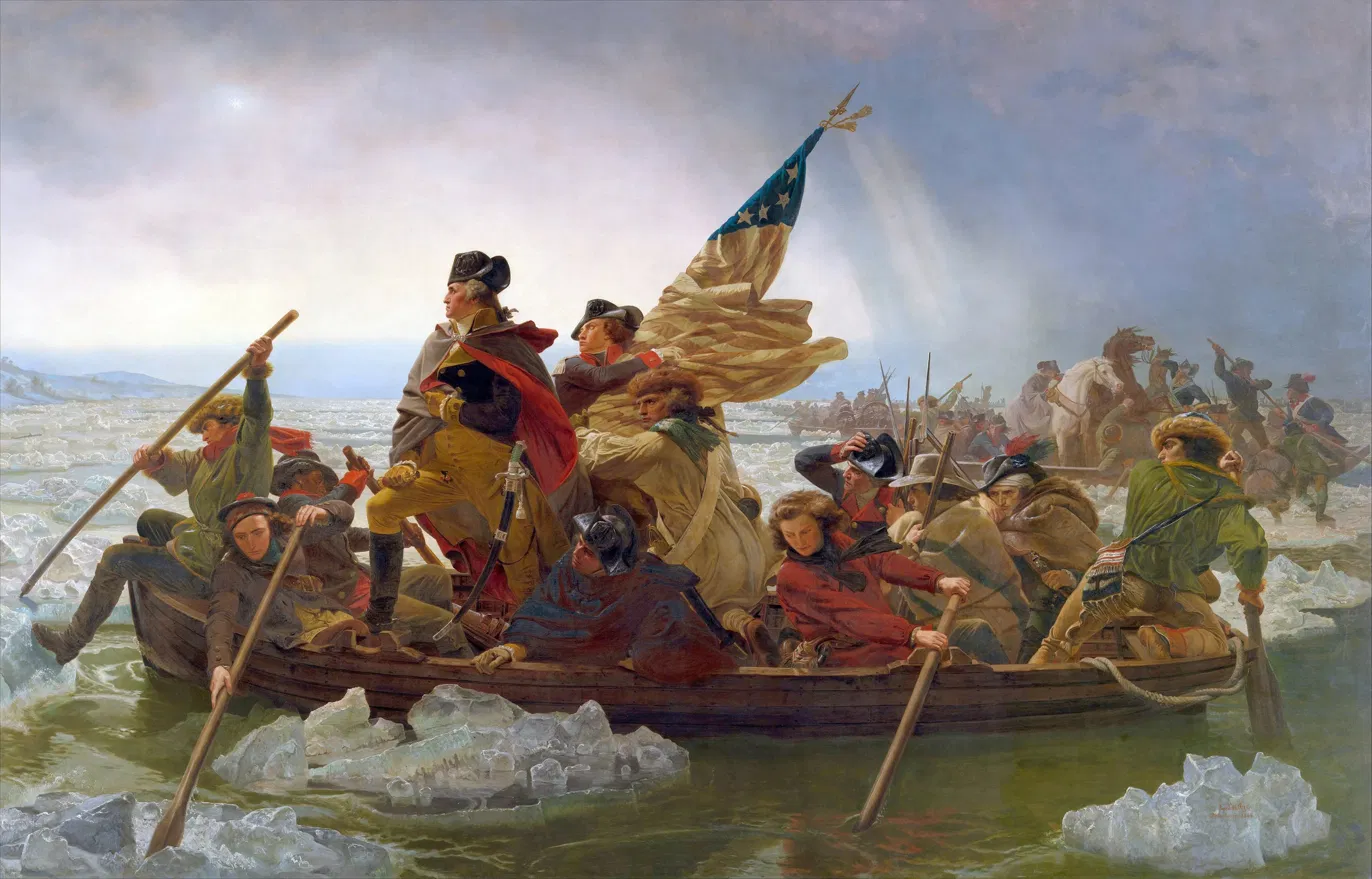 Washington Crossing the Delaware — the boat mid-river among the ice floes, before dawn, outcome undecided.